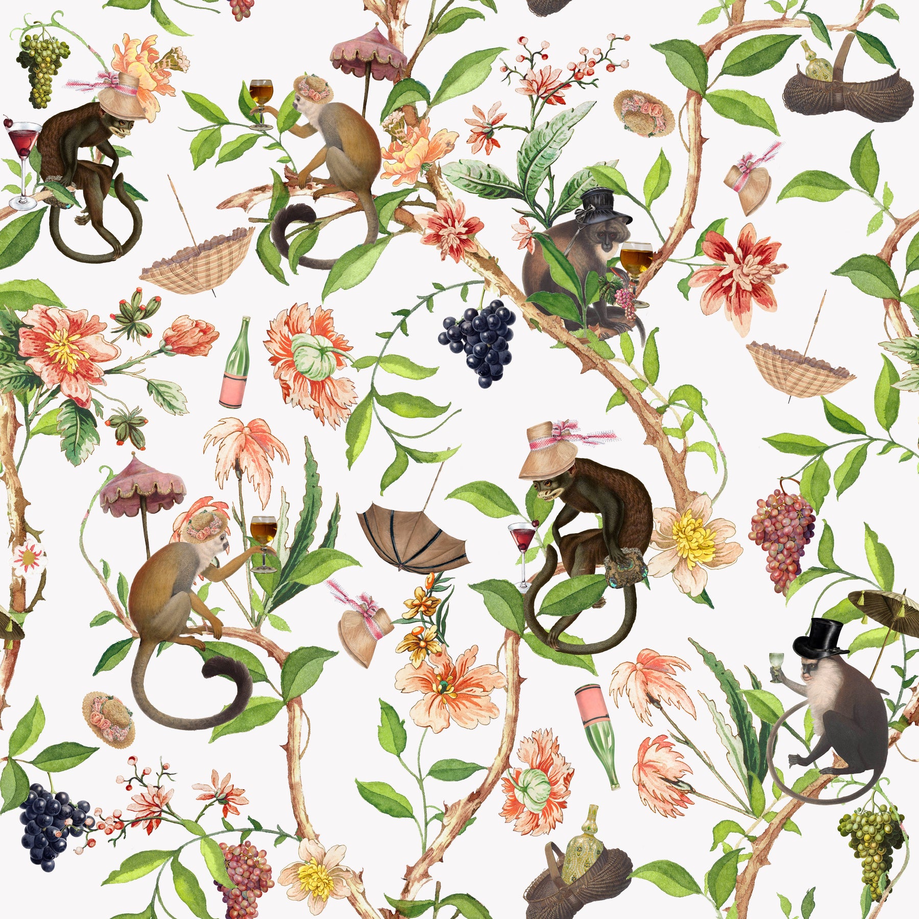 Chinoiserie-Affen mit Blüten Weiß – Muster 006_092