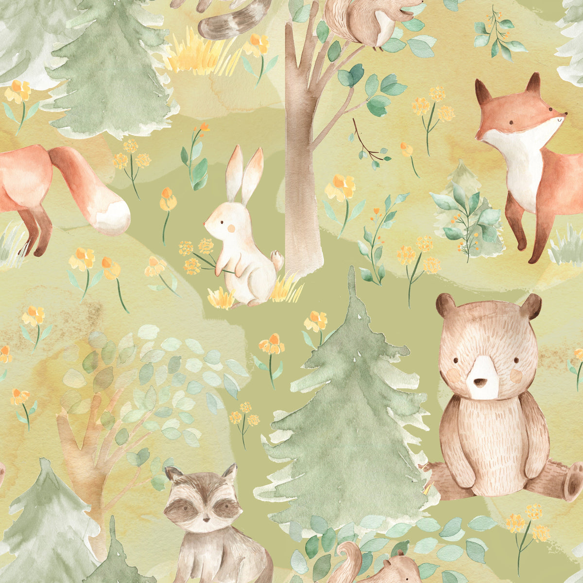 Waldtiere mit Fuchs und Bär Olivgrün – Muster 006_010