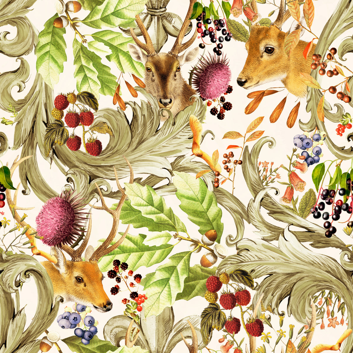 Rehe mit Beeren und Eichenlaub – Muster 006_110