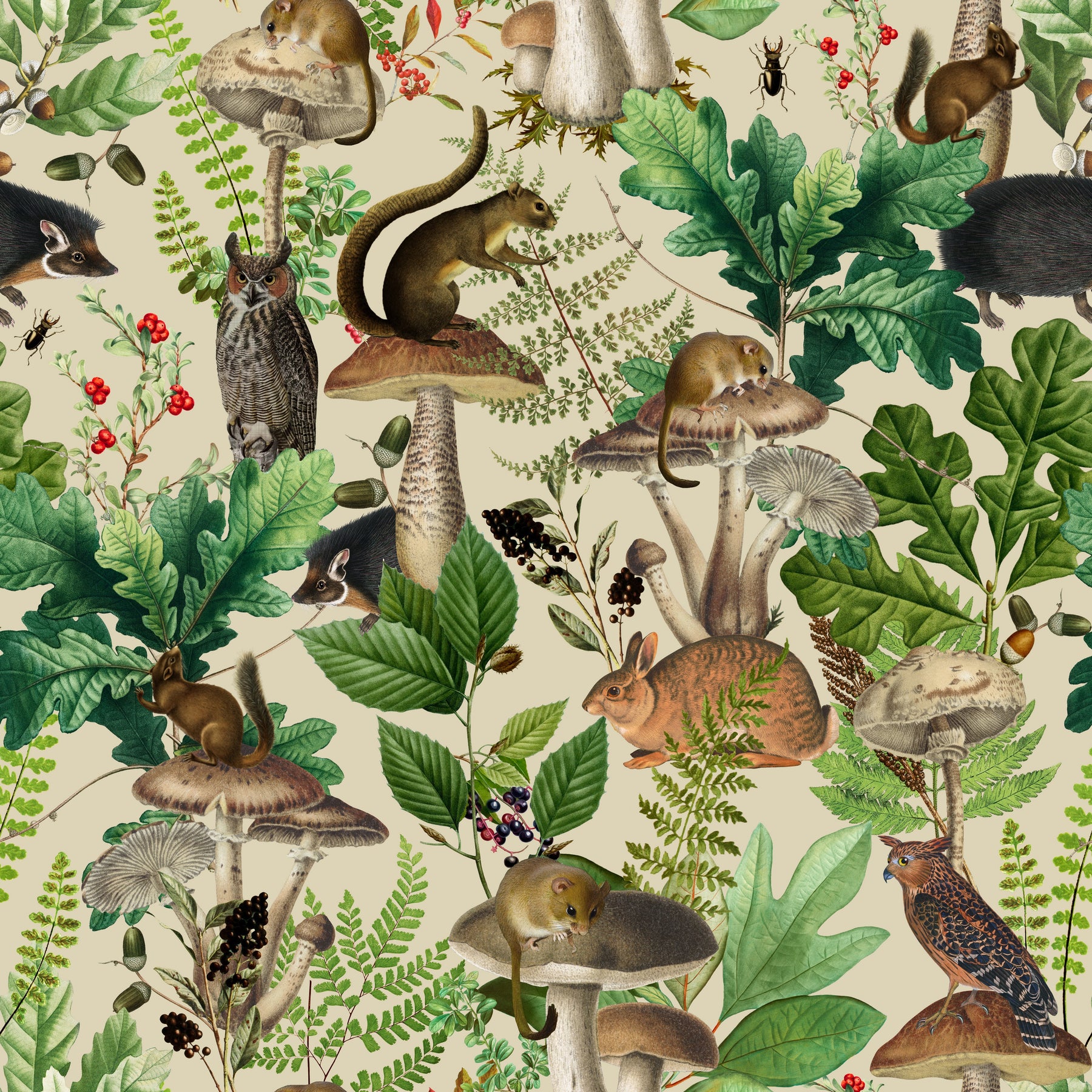 Waldtiere mit Farnen Creme – Muster 006_115