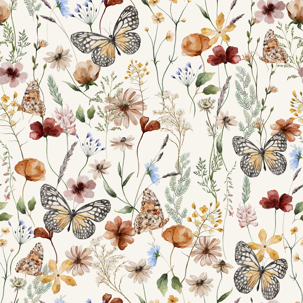 Wiesenblumen mit Schmetterlingen Creme – Muster 006_136