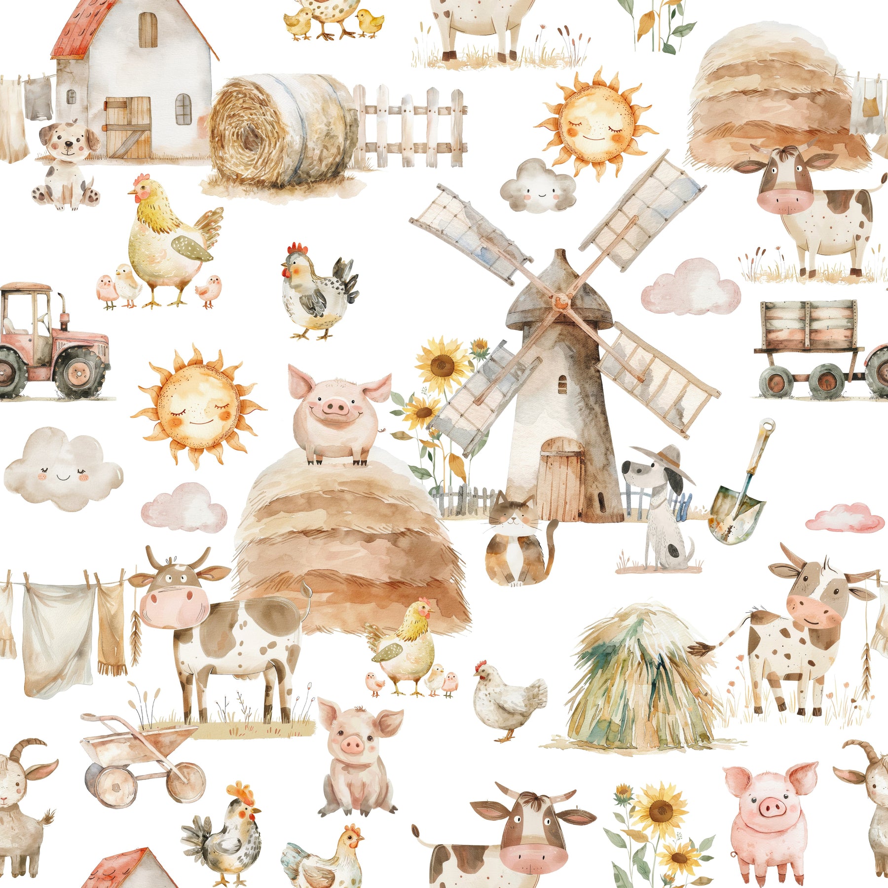 Kleiner Bauernhof mit Windmühle und Sonne – Muster 006_016