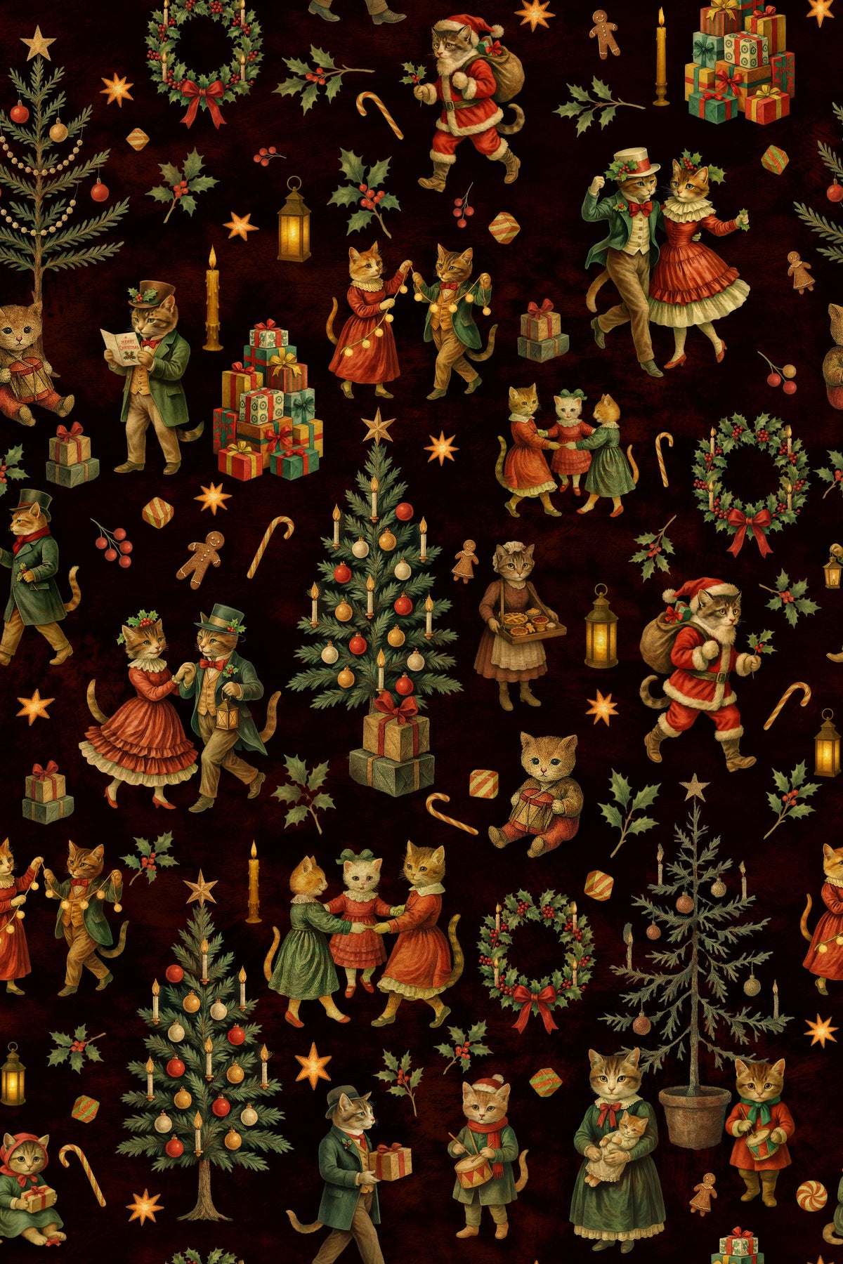 Weihnachtskatzen Vintage Dunkelrot – Muster 006_200