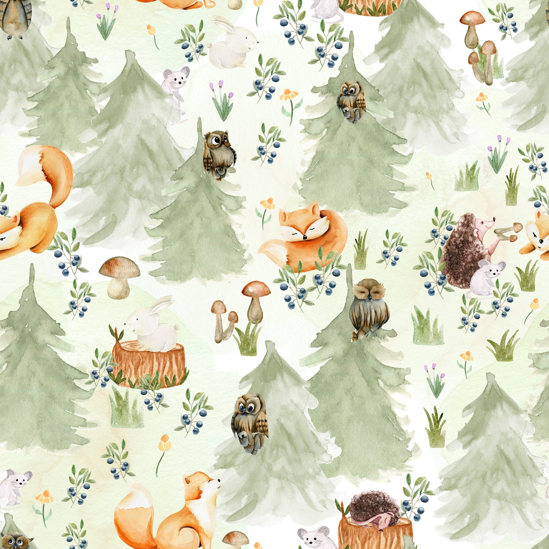 Waldtiere mit Eulen und Blaubeeren – Muster 006_024