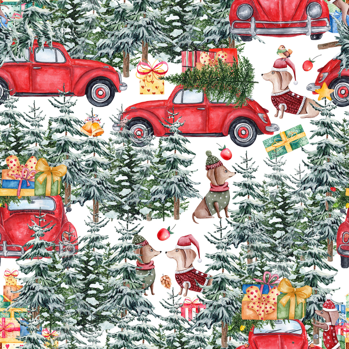 Weihnachtsfahrt mit rotem Käfer und Dackeln – Muster 006_033