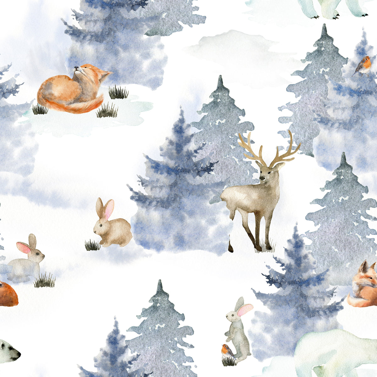 Winterwald mit Fuchs und Hirsch – Muster 006_058