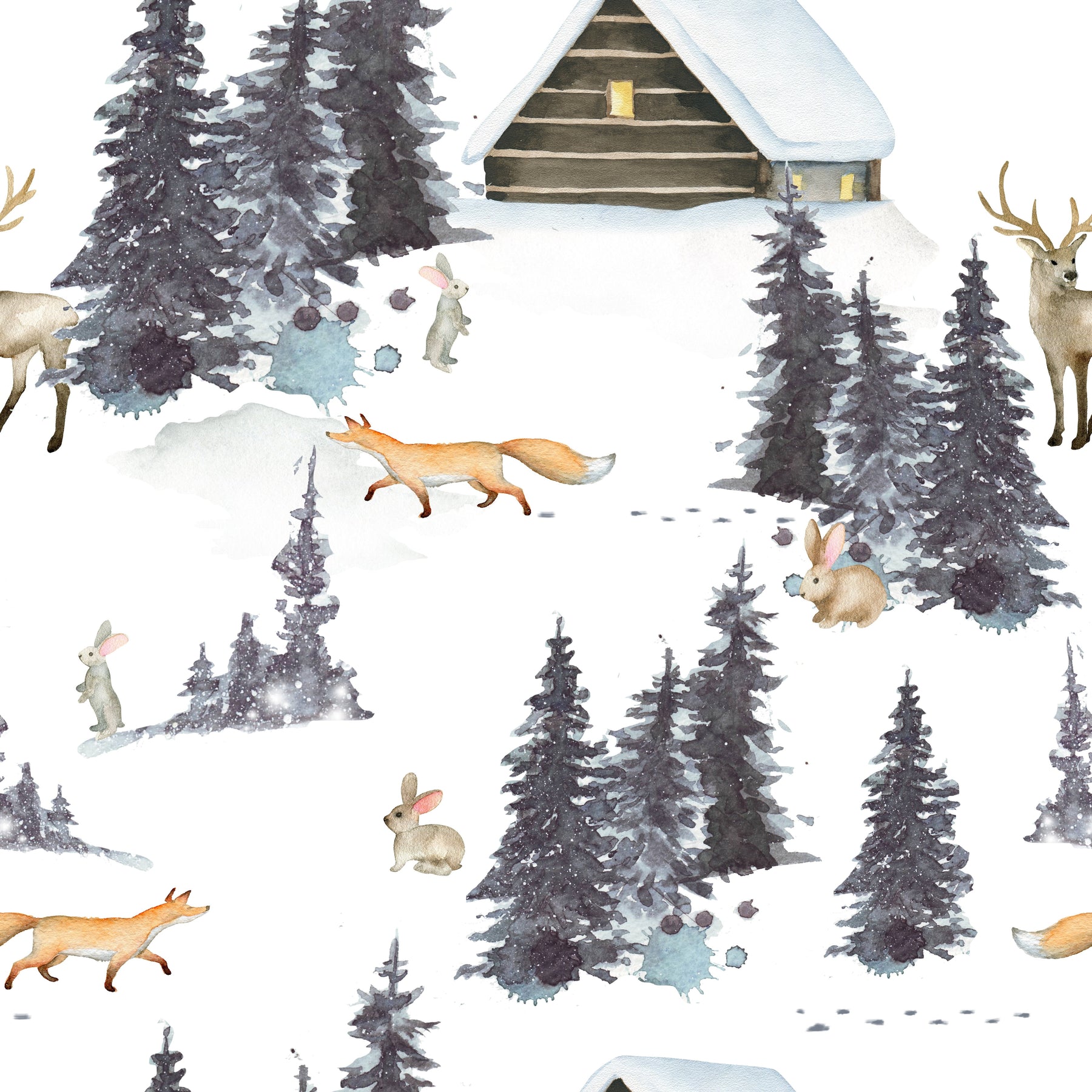 Winterhütte mit Fuchs und Hasen – Muster 006_065