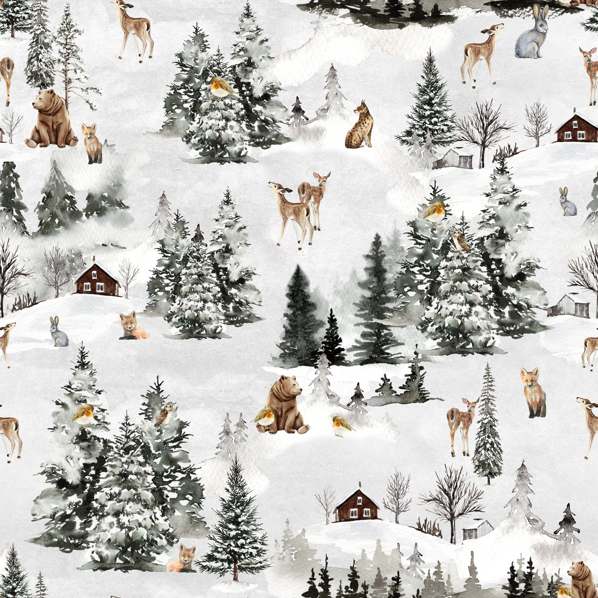 Winterwald mit Waldtieren und Hütten – Muster 006_067