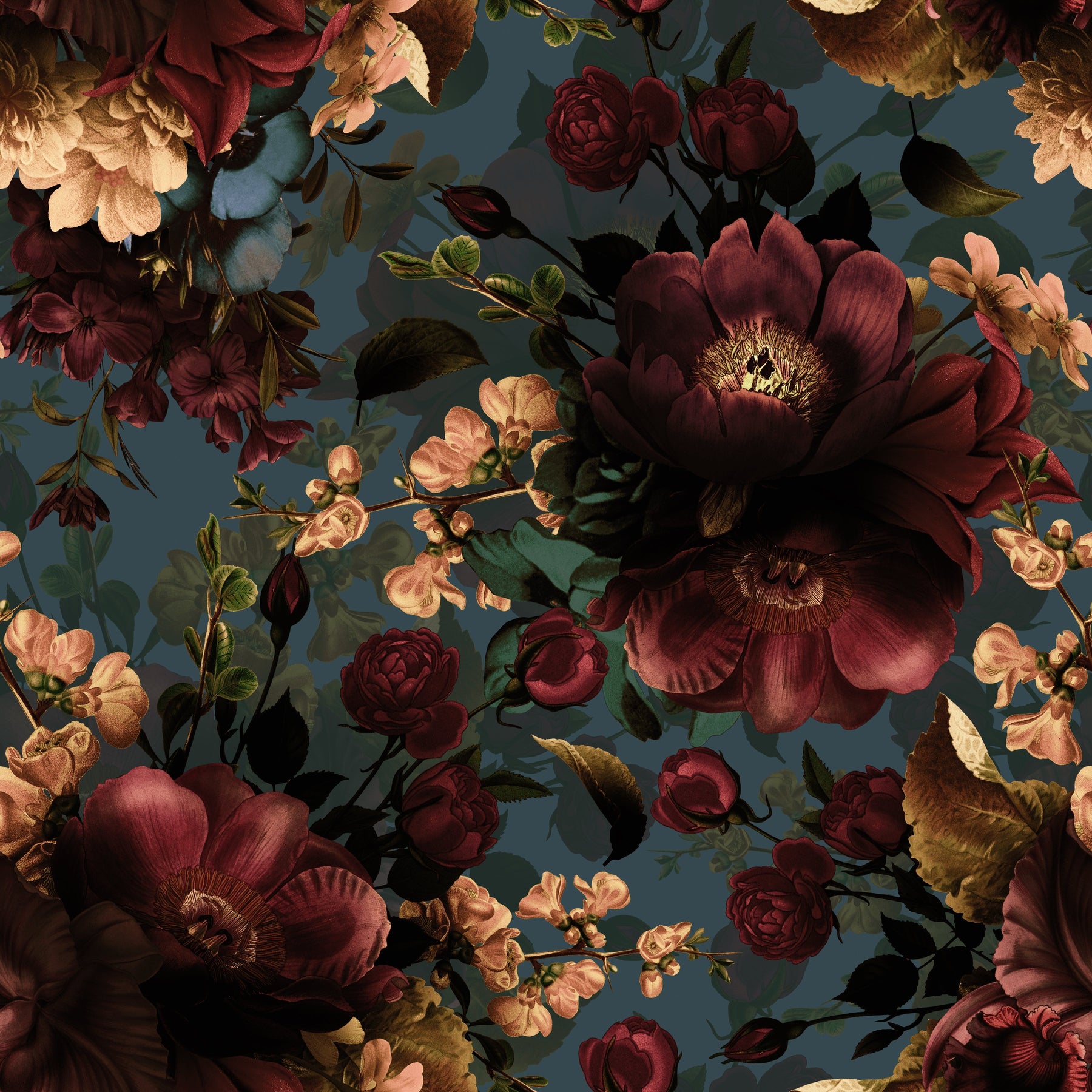 Blüten in Bordeaux und Apricot auf Blau – Muster 006_079