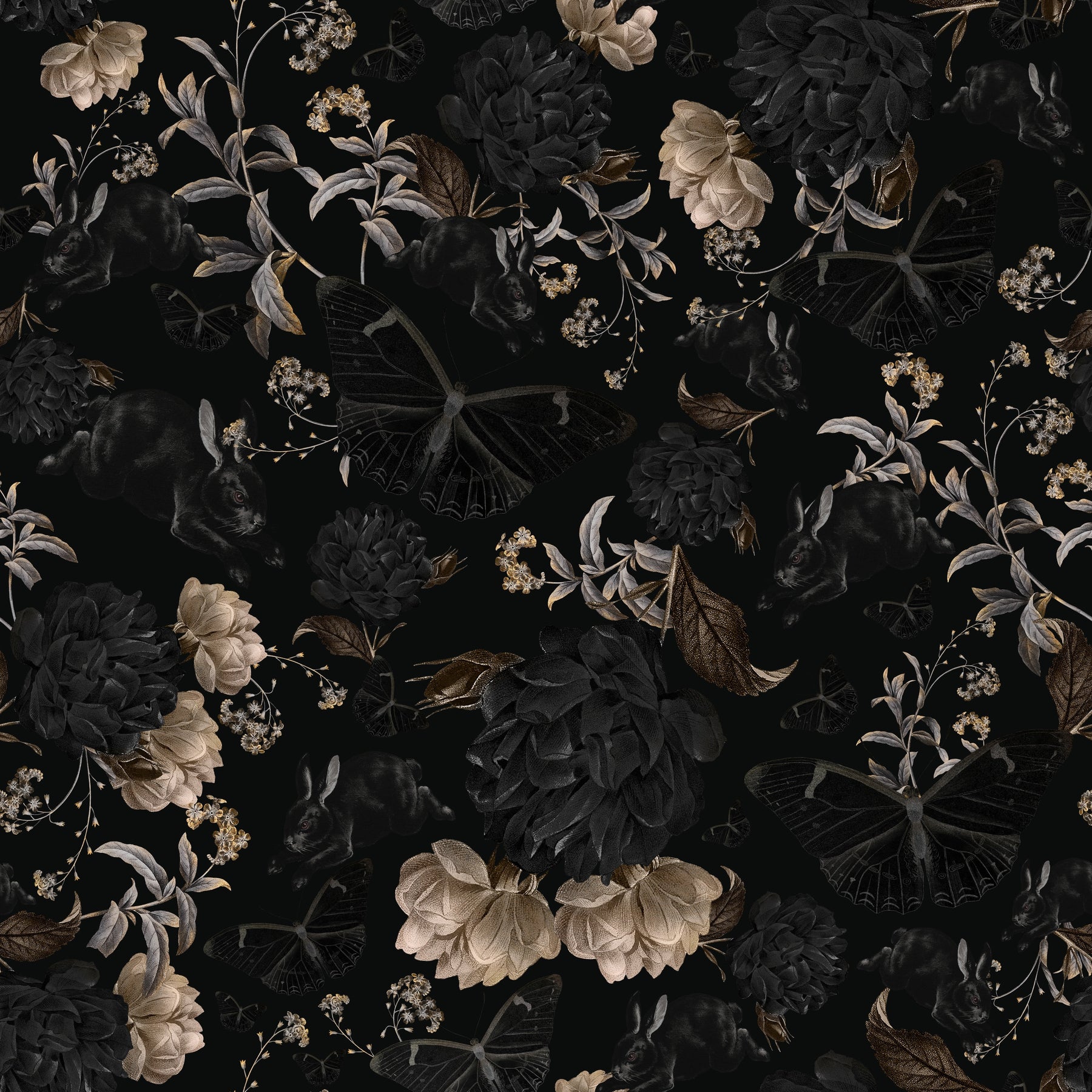 Schwarze Blüten mit Schmetterlingen – Muster 006_084