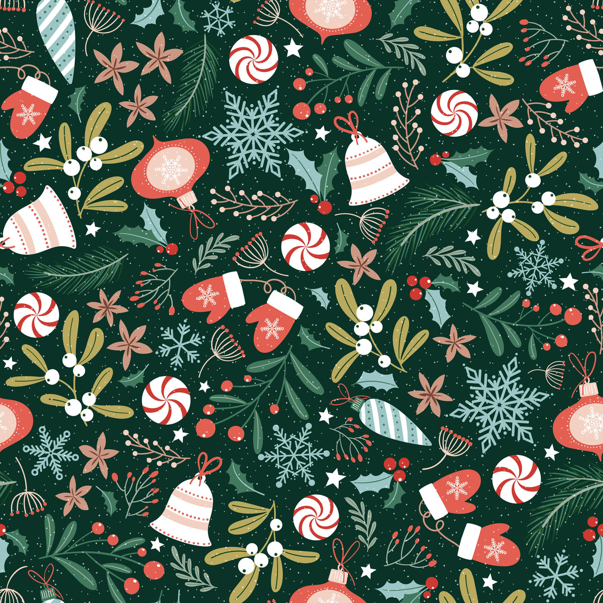 Colorful Ornaments and Winter Florals – Bright Christmas – Dark Green – Muster 010_013_03