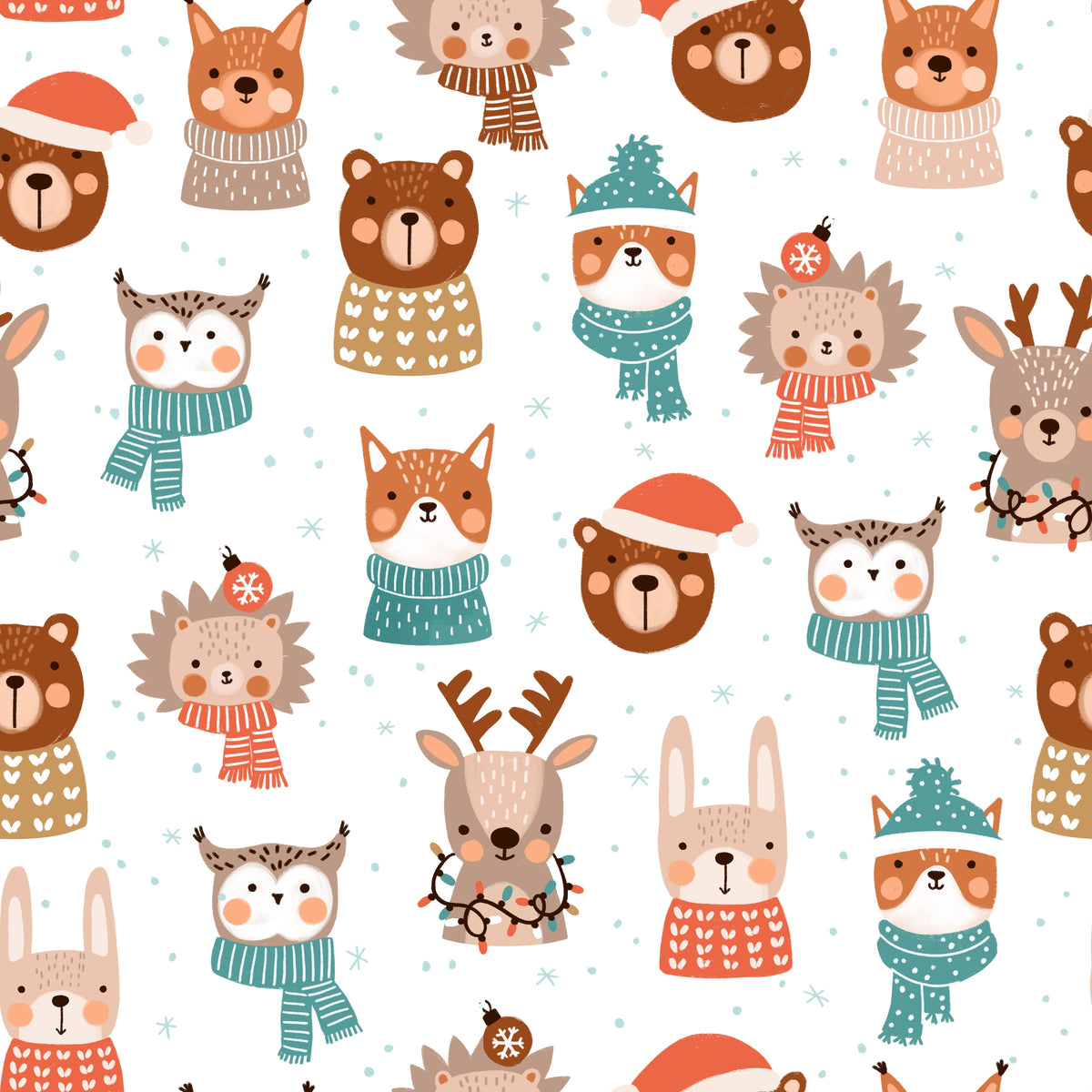 Festive Woodland Animals in Scarfs and Hats – Winter Friends – White – Muster 010_025_01