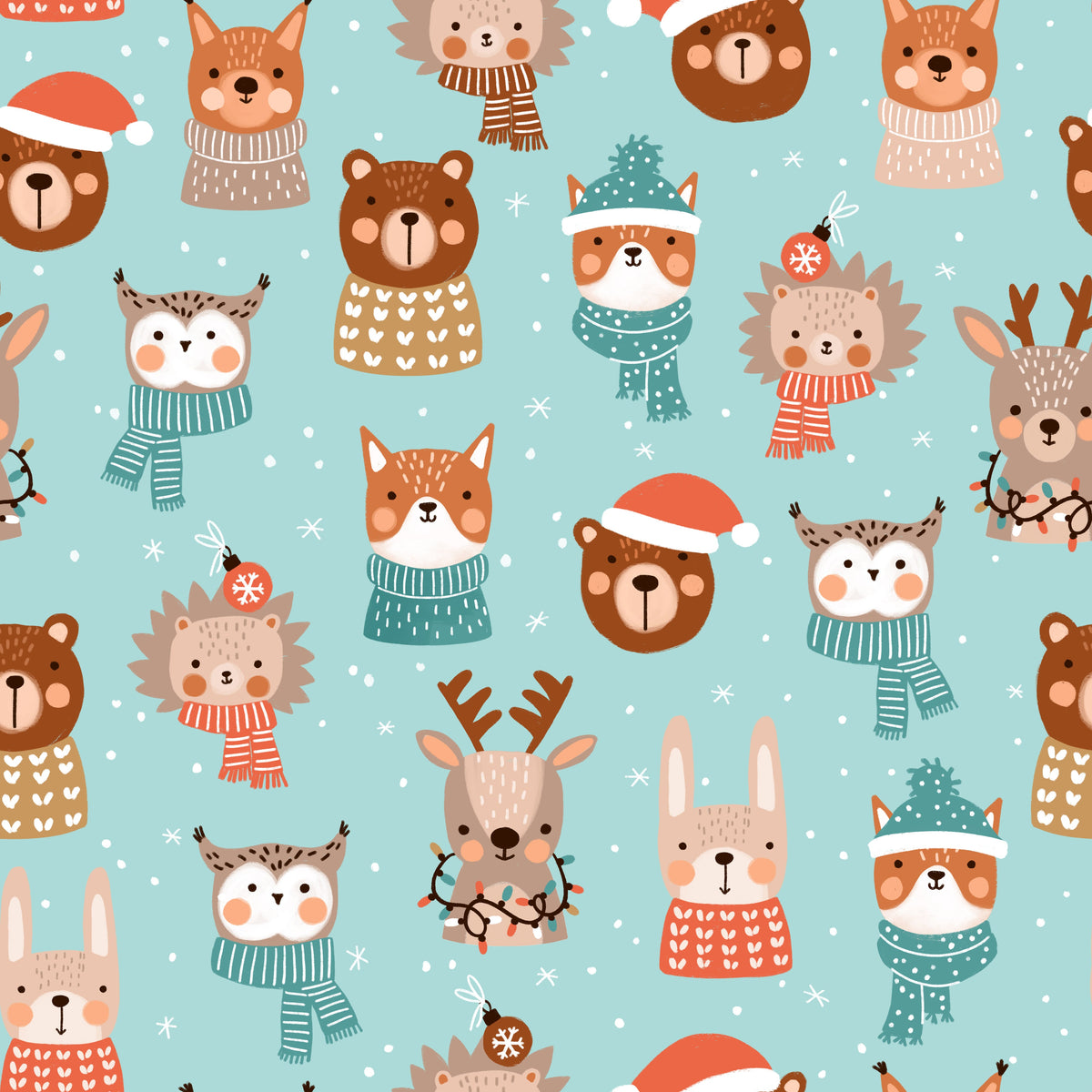 Festive Woodland Animals in Scarfs and Hats – Winter Friends – Blue – Muster 010_025_02