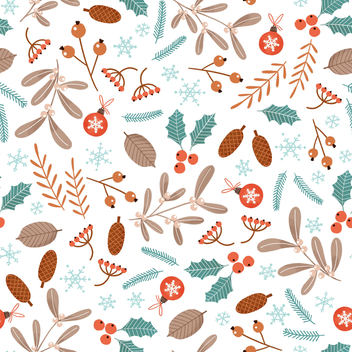 Christmas Woodland Botanicals and Ornaments – Winter Friends – White – Muster 010_032_01