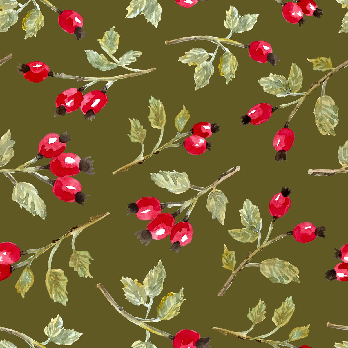 Wild Rosehip Branches Dark Olive Green – Muster 001_257
